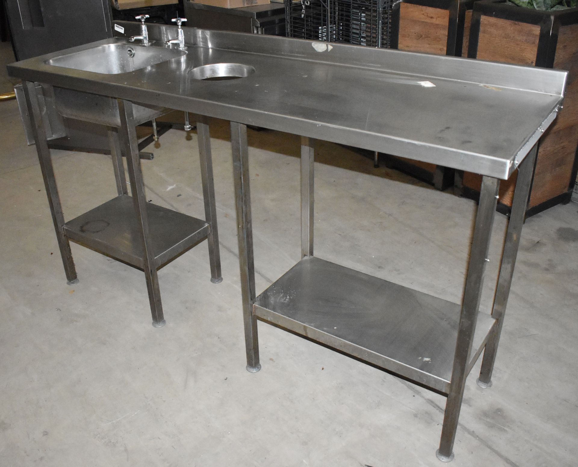 1 x Stainless Steel Wash Basin Prep Table With Undershelves, Upstand, Basin and Taps and Waste Chute - Image 3 of 5