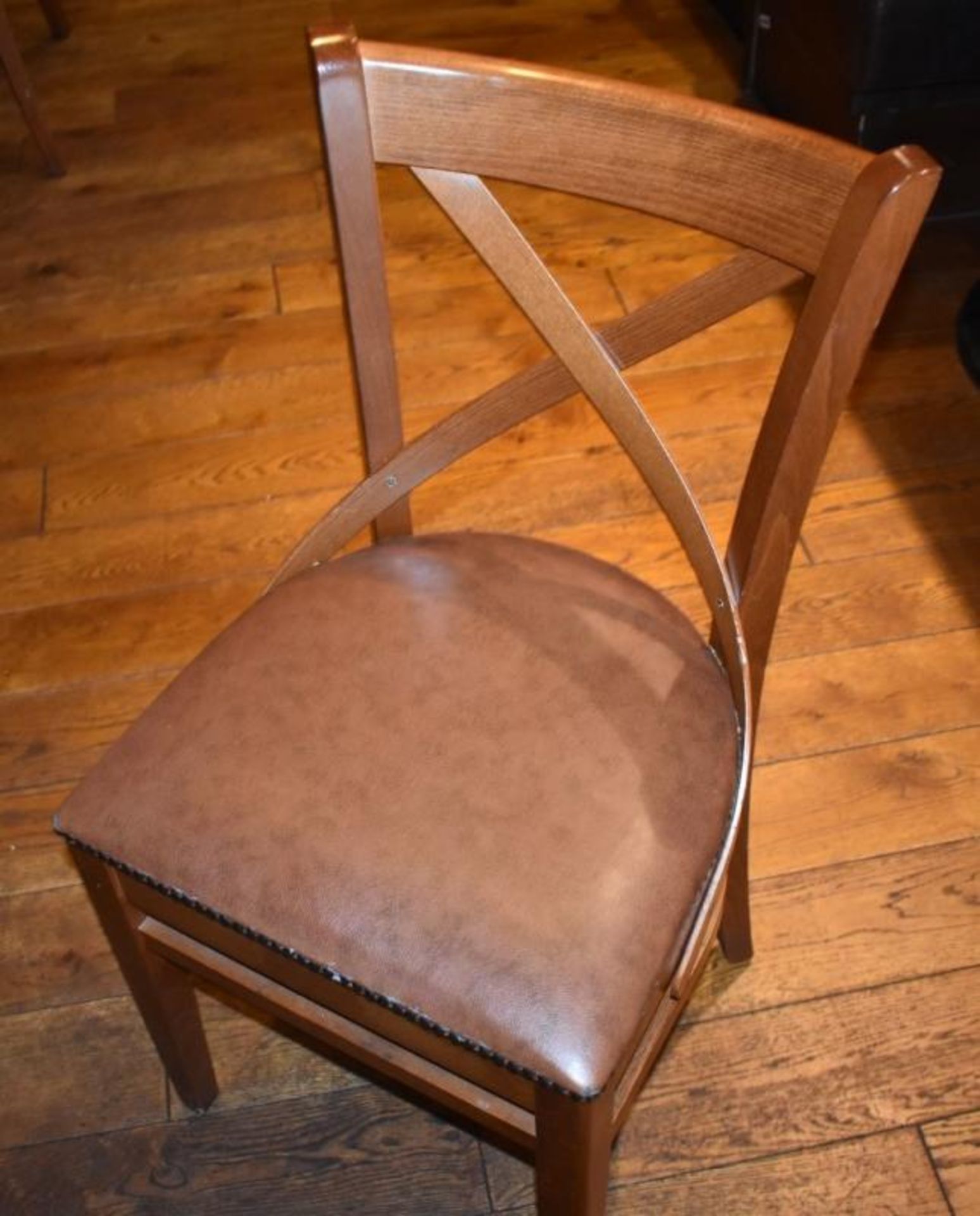 15 x Restaurant Dining Chairs With Wooden Crossbacks and Faux Leather Brown Seat Pads H84 x W45 cms - Image 3 of 4