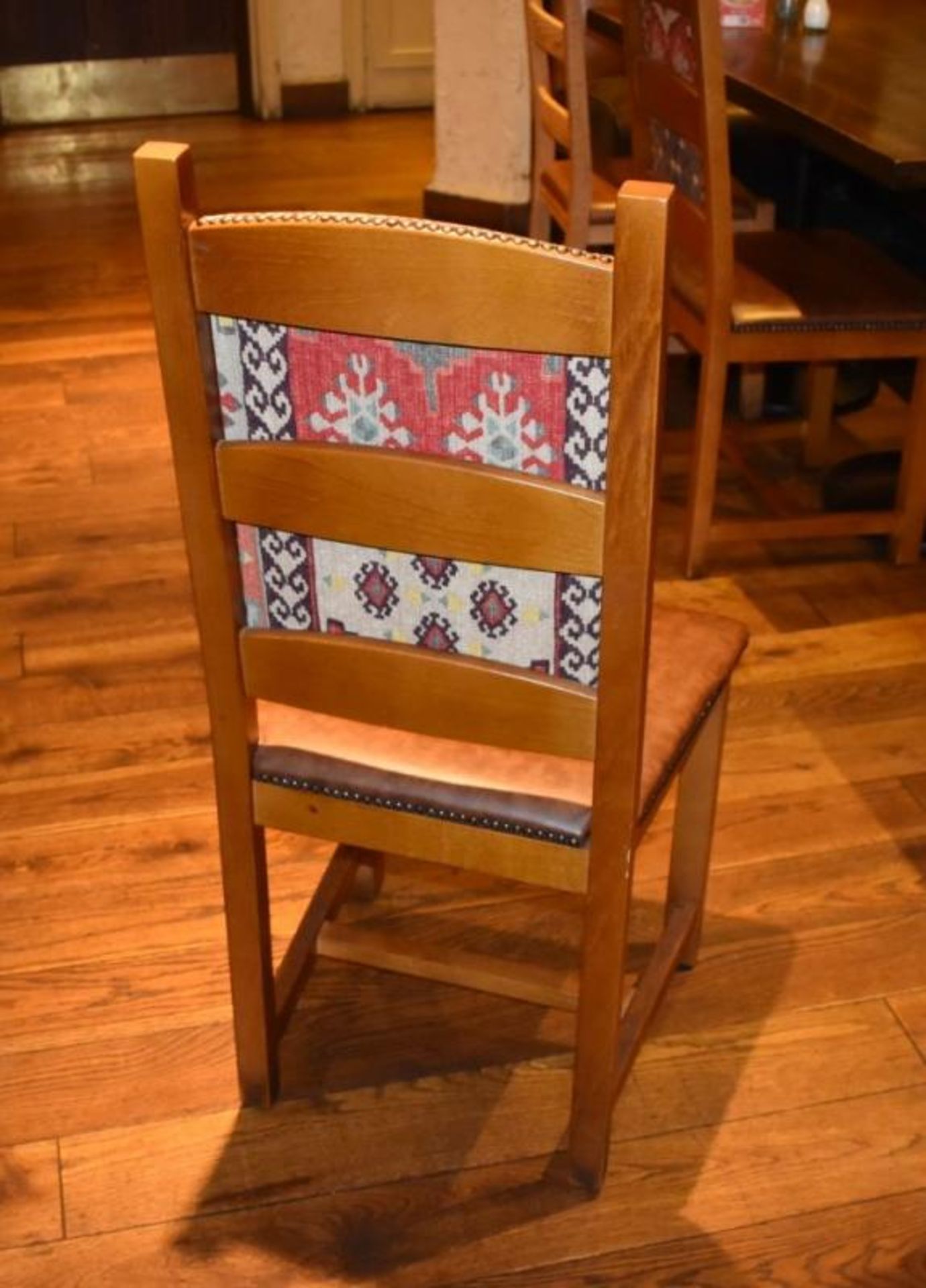 14 x Restaurant High Back Dining Chairs With Faux Leather Brown Seat Pads and Fabric Backs - H100 x - Image 4 of 6
