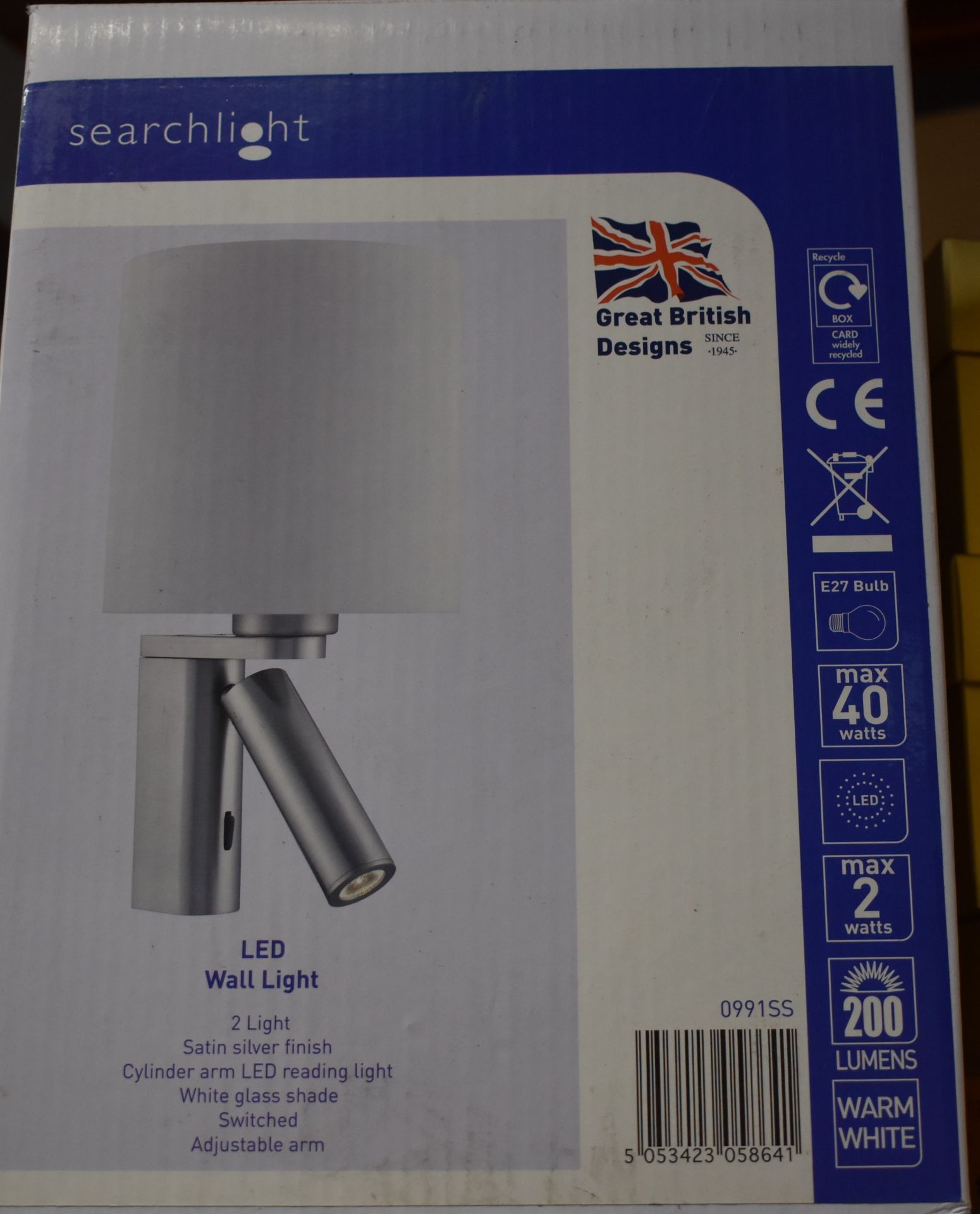 2 x Searchlight LED Switched Wall Lights With Room Light, Reading Light, Glass Shade and Satin - Image 2 of 3