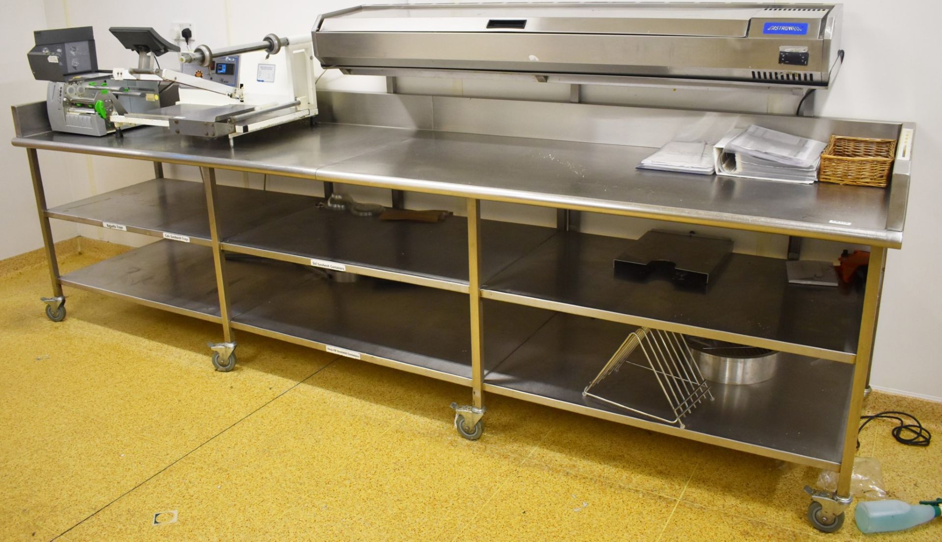 1 x Large Stainless Steel Prep Bench on Castors - Over 11ft in Length - Features Upstands and
