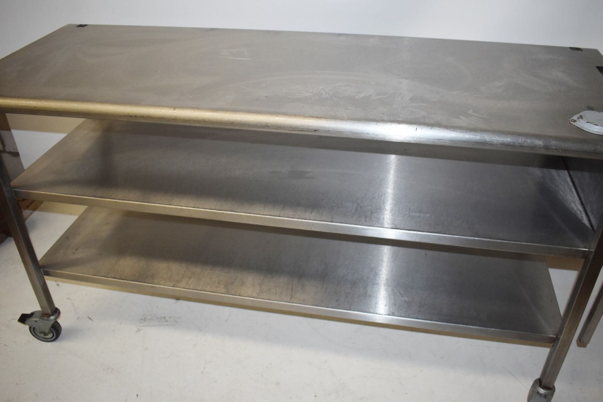 1 x Stainless Steel Prep Bench With Undershelves, Castors and Commercial Tin Opened - H87.5 x W160 x - Image 2 of 5