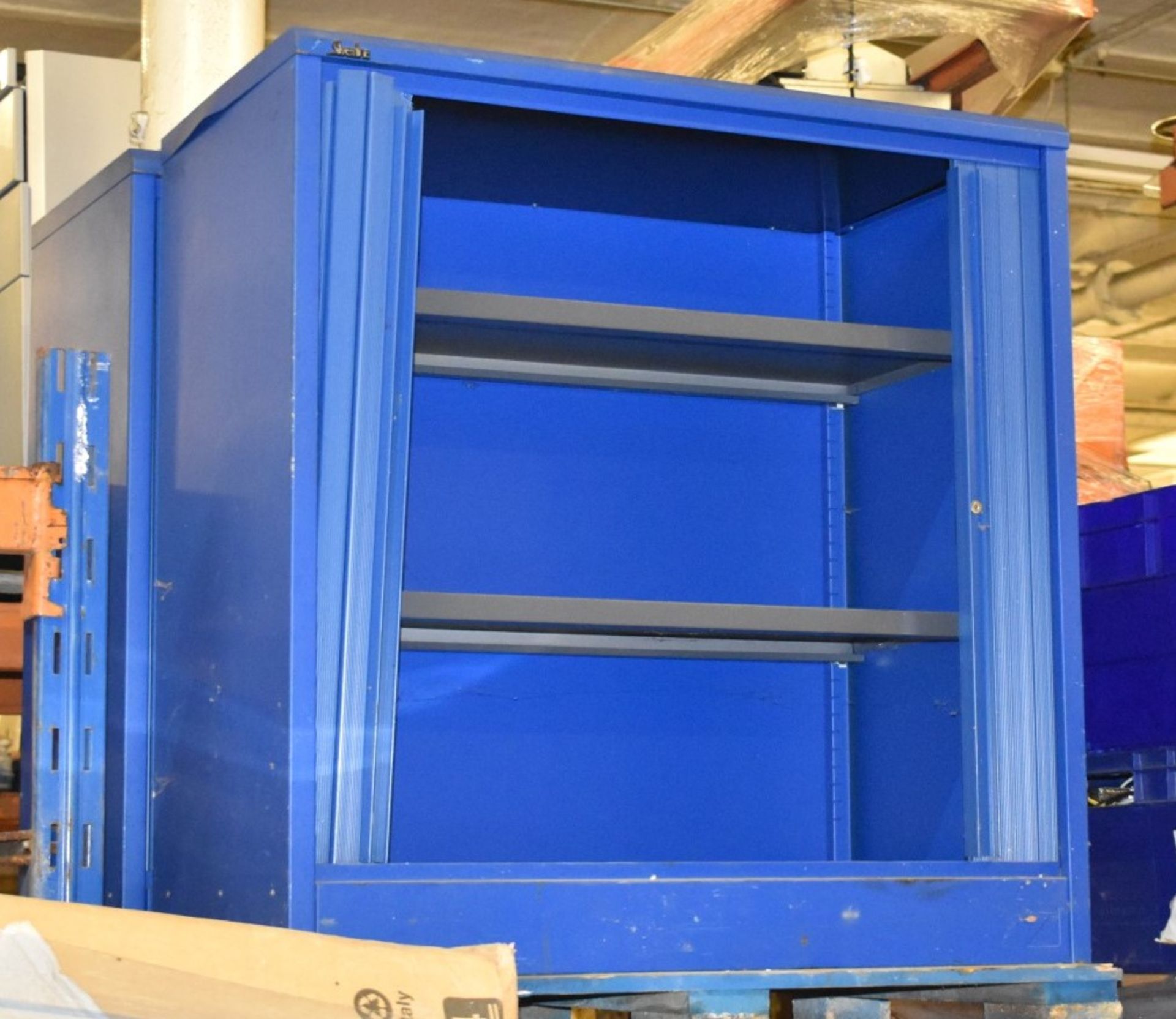 2 x Blue Silverline Office Storage Cabinets - Rolling Doors Need Attention - CL011 - Location: