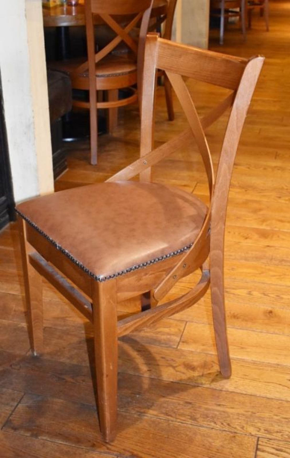 15 x Restaurant Dining Chairs With Wooden Crossbacks and Faux Leather Brown Seat Pads H84 x W45 cms - Image 4 of 4