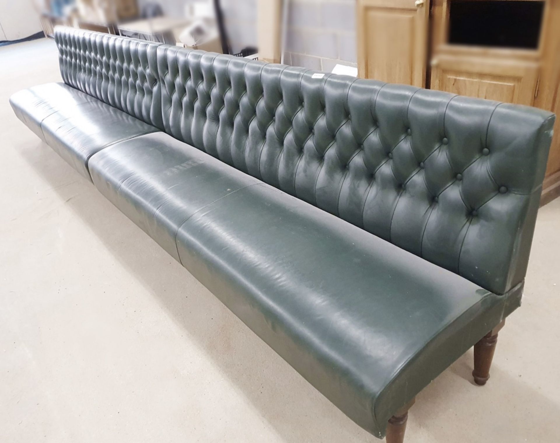 1 x Restaurant Seating Bench Upholstery in Green With Studded Back and Oak Turned Legs - H91 - Image 5 of 10