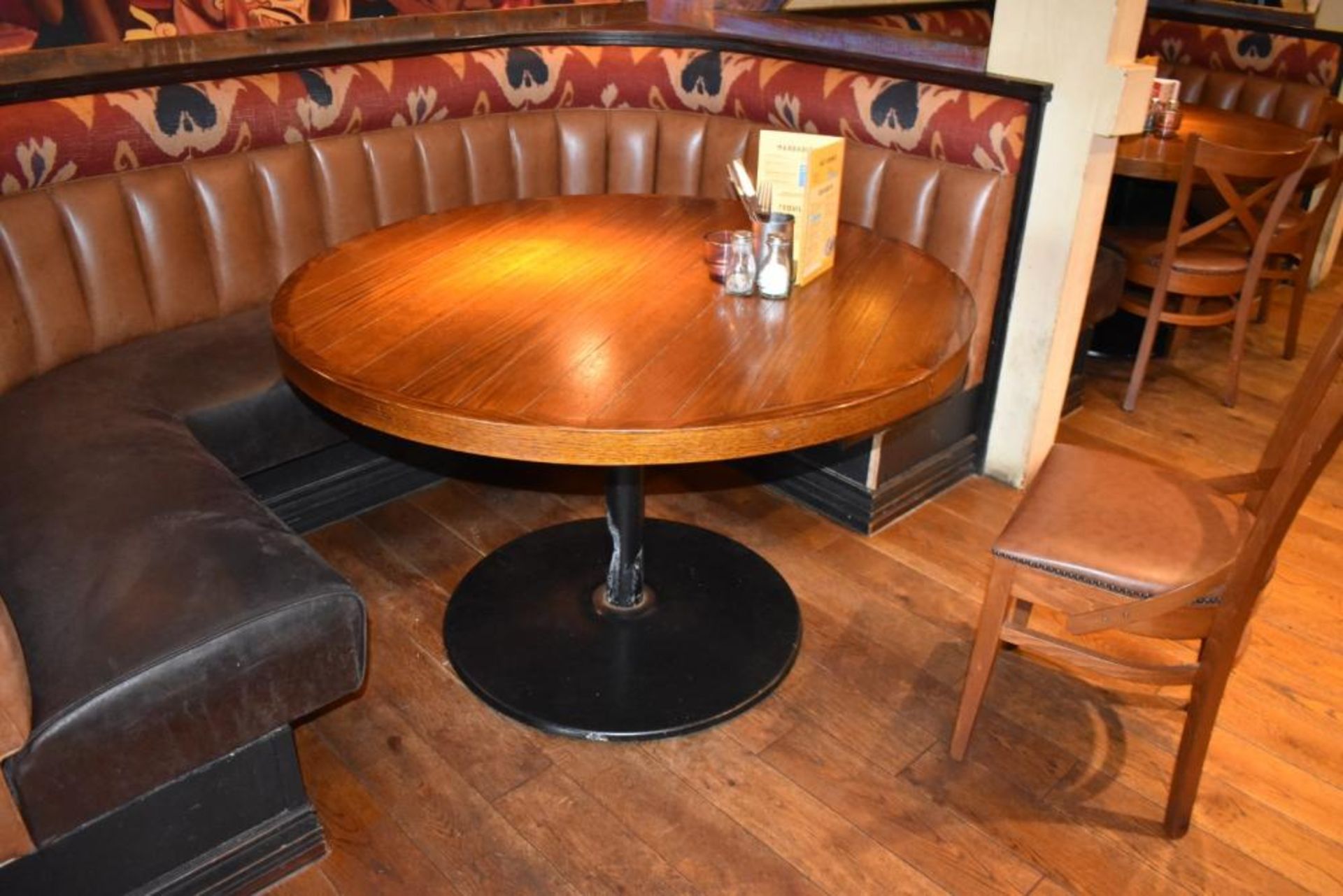 1 x Large Restaurant Dining Table With Brown Panelled Effect Top and Cast Iron Bases - H76 x W120 cm - Image 3 of 4