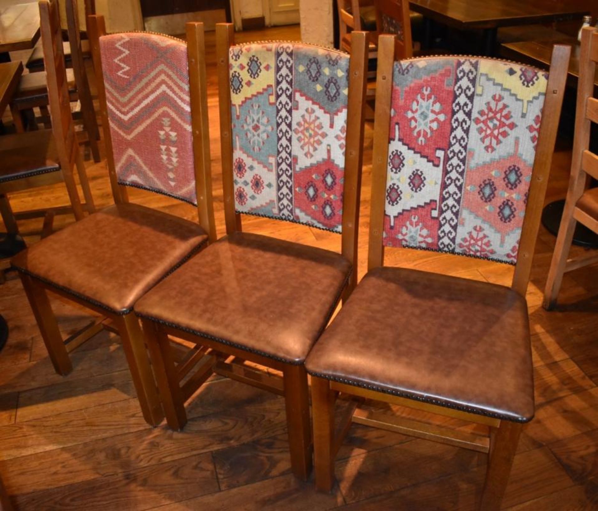 14 x Restaurant High Back Dining Chairs With Faux Leather Brown Seat Pads and Fabric Backs - H100 x - Image 2 of 6