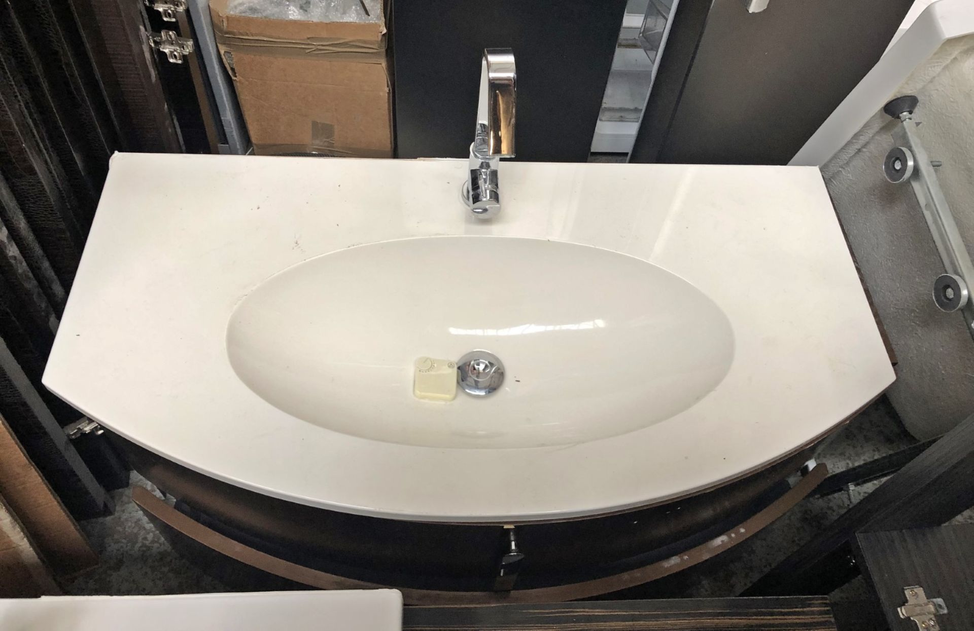 1 x D Shaped White Ceramic Sink With A Large Wooden 2-Drawer Vanity Unit - NC1130 - CL380 - NO VAT - Image 2 of 3