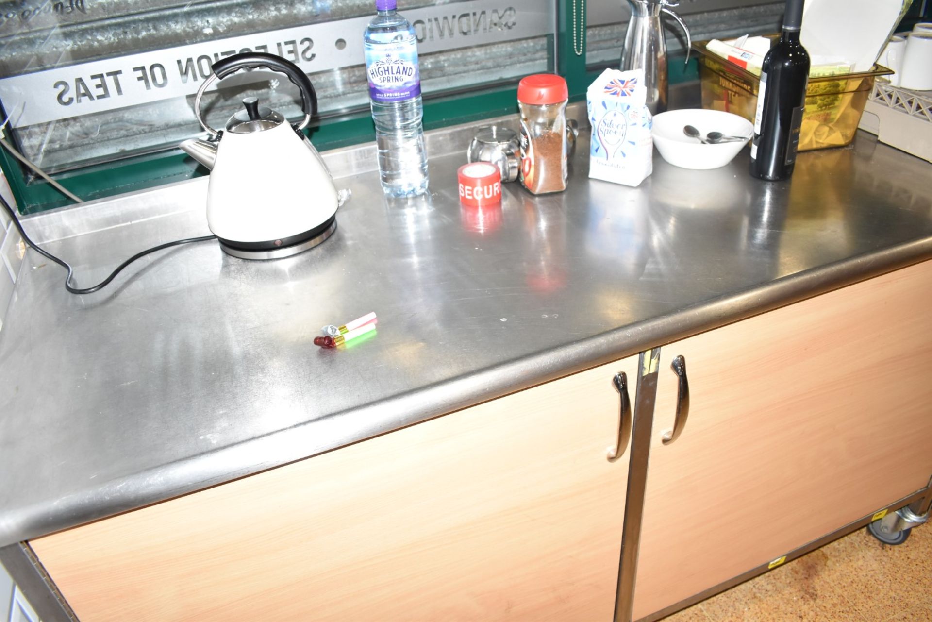 1 x Stainless Steel Preparation Bench With Upstand, Undercounter Storage With Beech Doors, Castor - Image 2 of 5