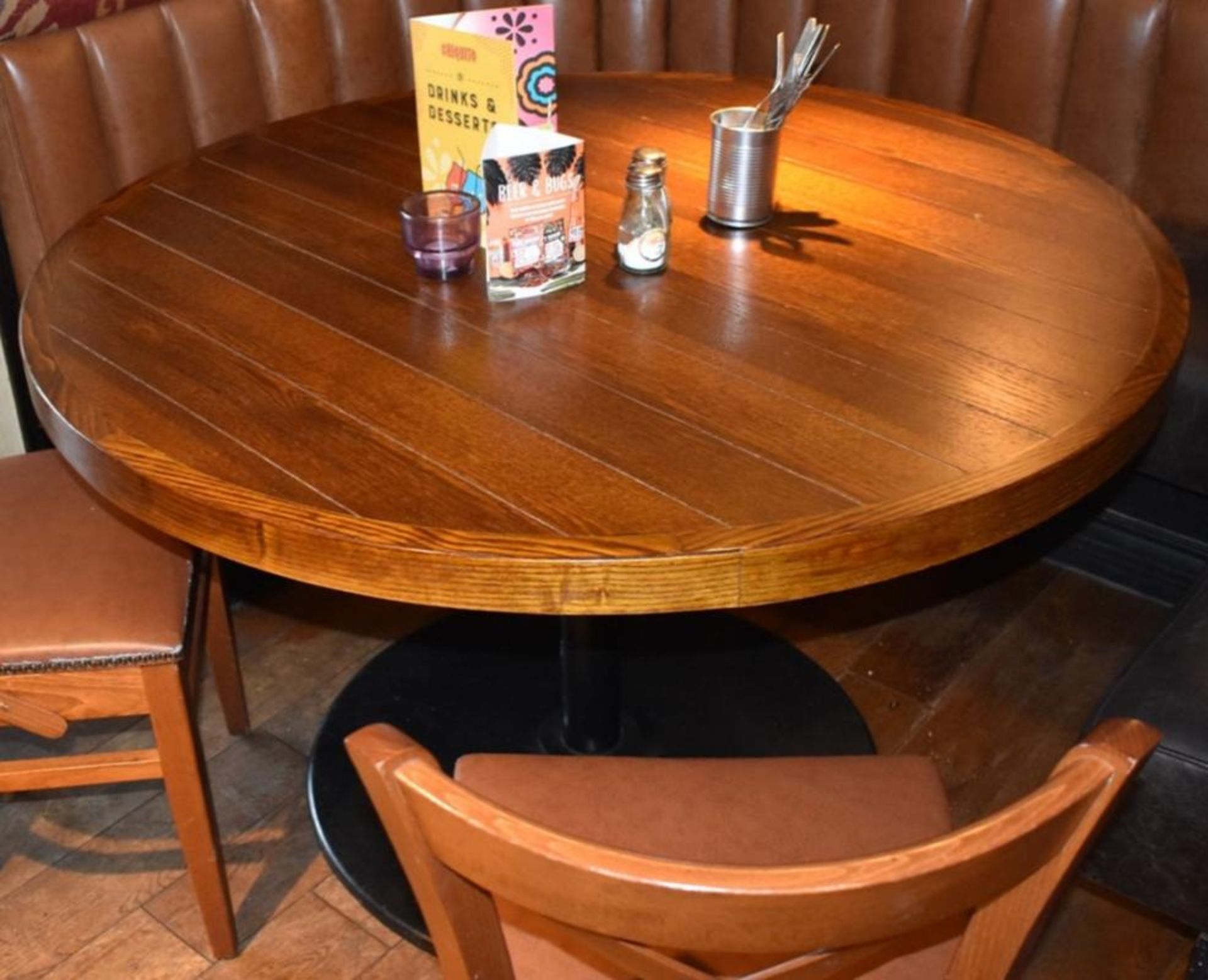 1 x Large Restaurant Dining Table With Brown Panelled Effect Top and Cast Iron Bases - H76 x W120 cm - Image 2 of 4