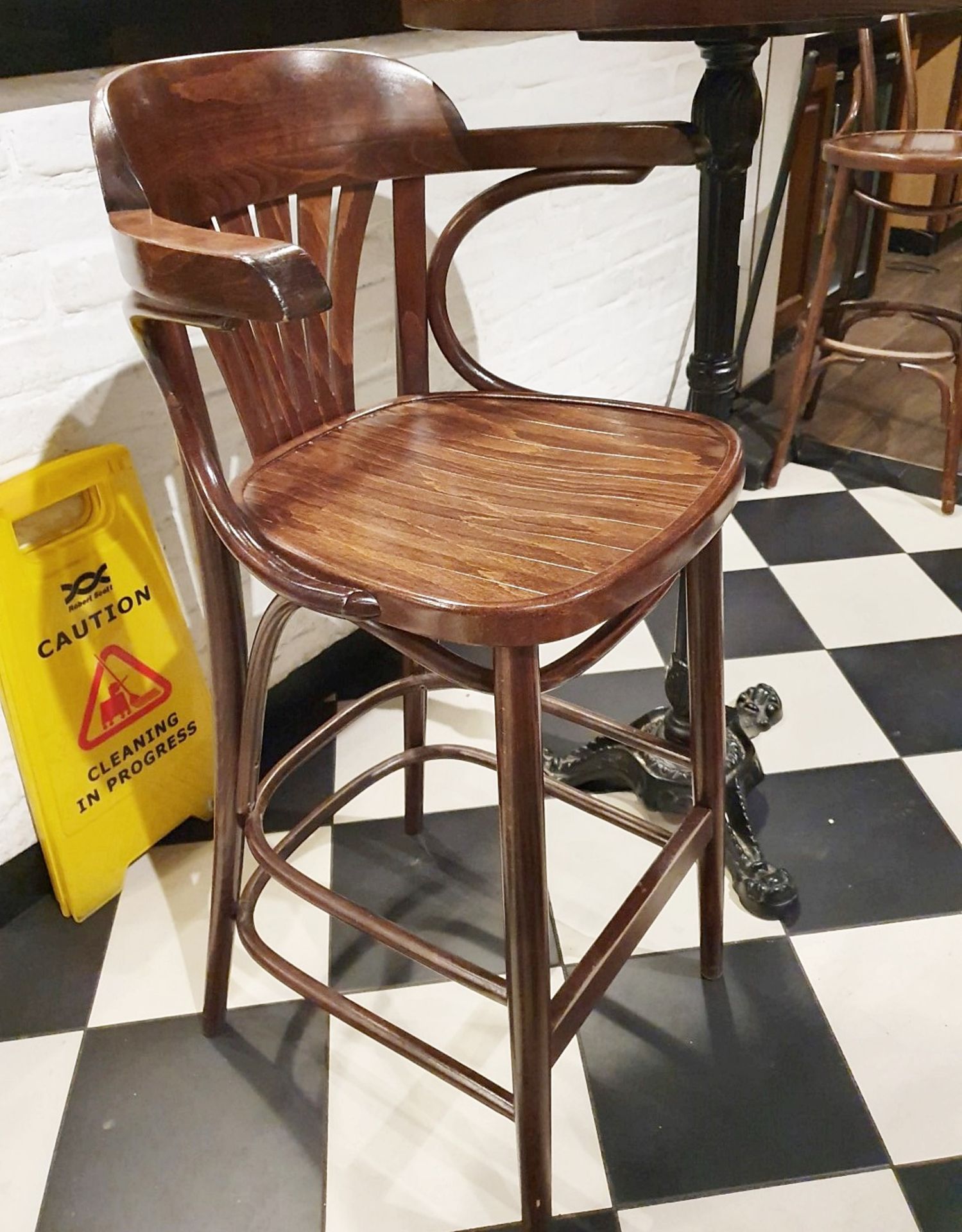 2 x Wooden Bar Stools With Backs, Armrests and Foot Bar - H65/19 x W55 x D40 cms - Ref PA139 - CL463 - Image 2 of 4