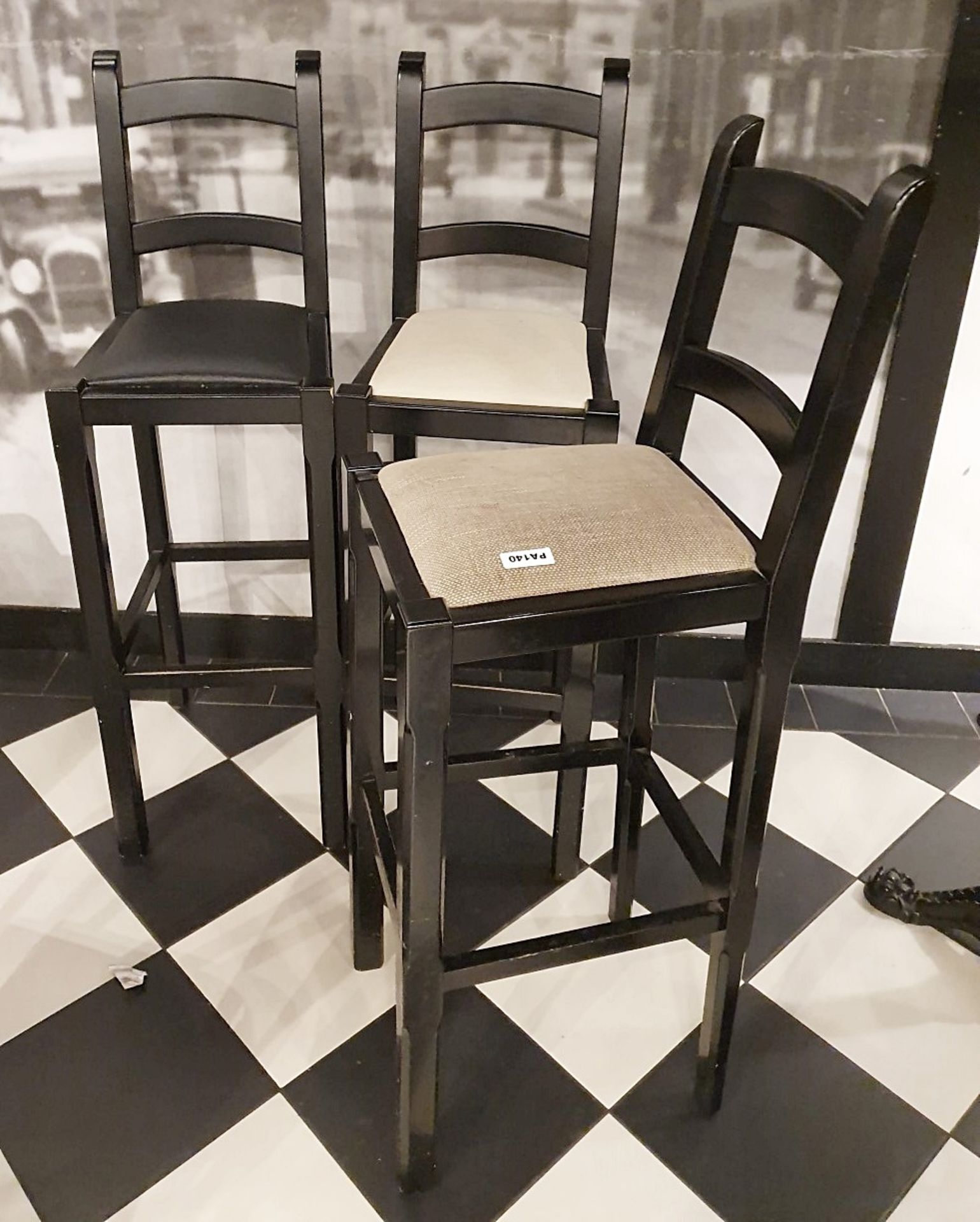 3 x Bar Stools in Black With Various Coloured Seat Pads - H87/117 x W37 x D40 cms - Ref PA140 - - Image 2 of 3