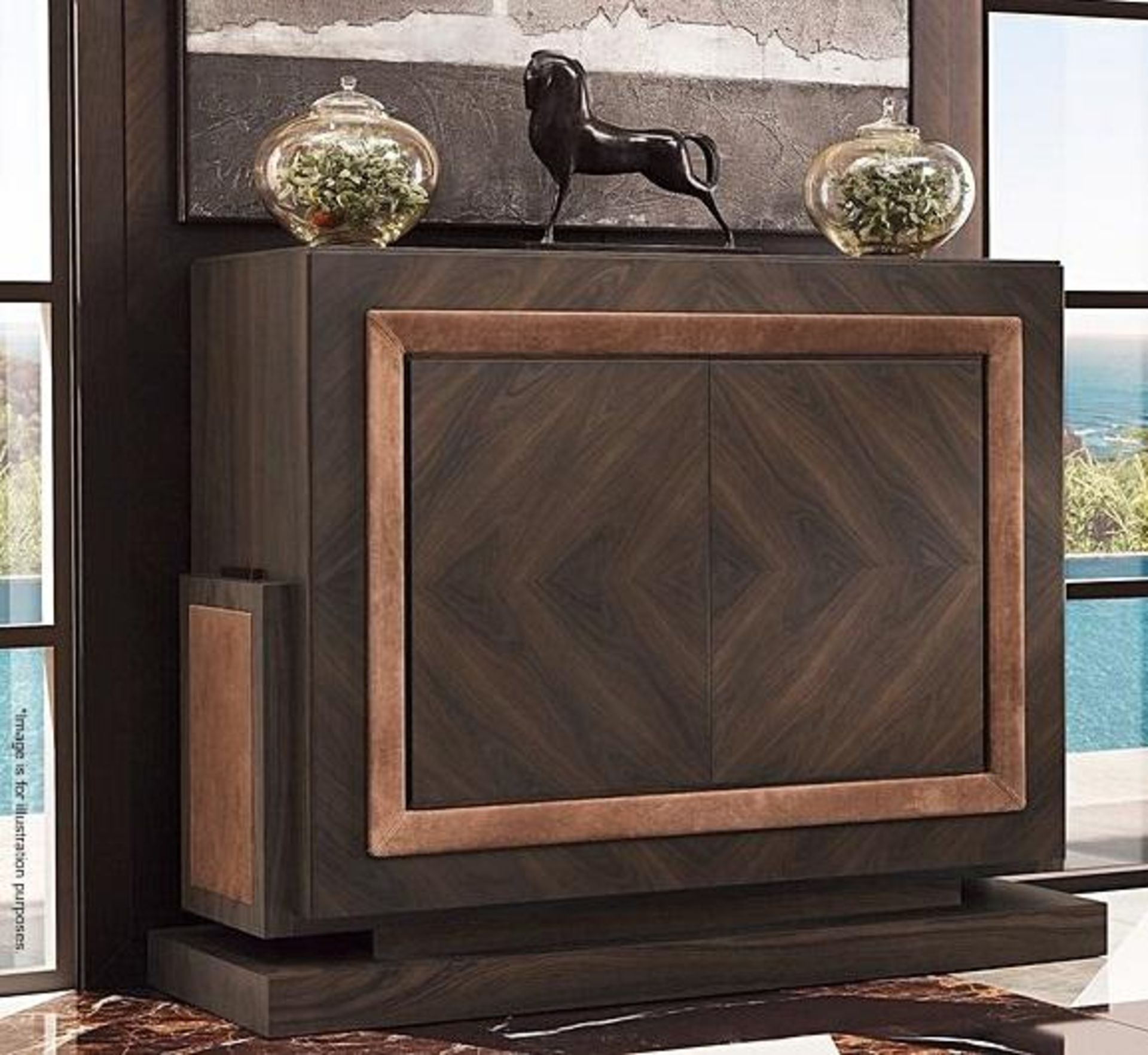 1 x SMANIA 'Efeso' Luxury Bar Unit In Burr Walnut With Leather Upholstery In 'Florida Beige'