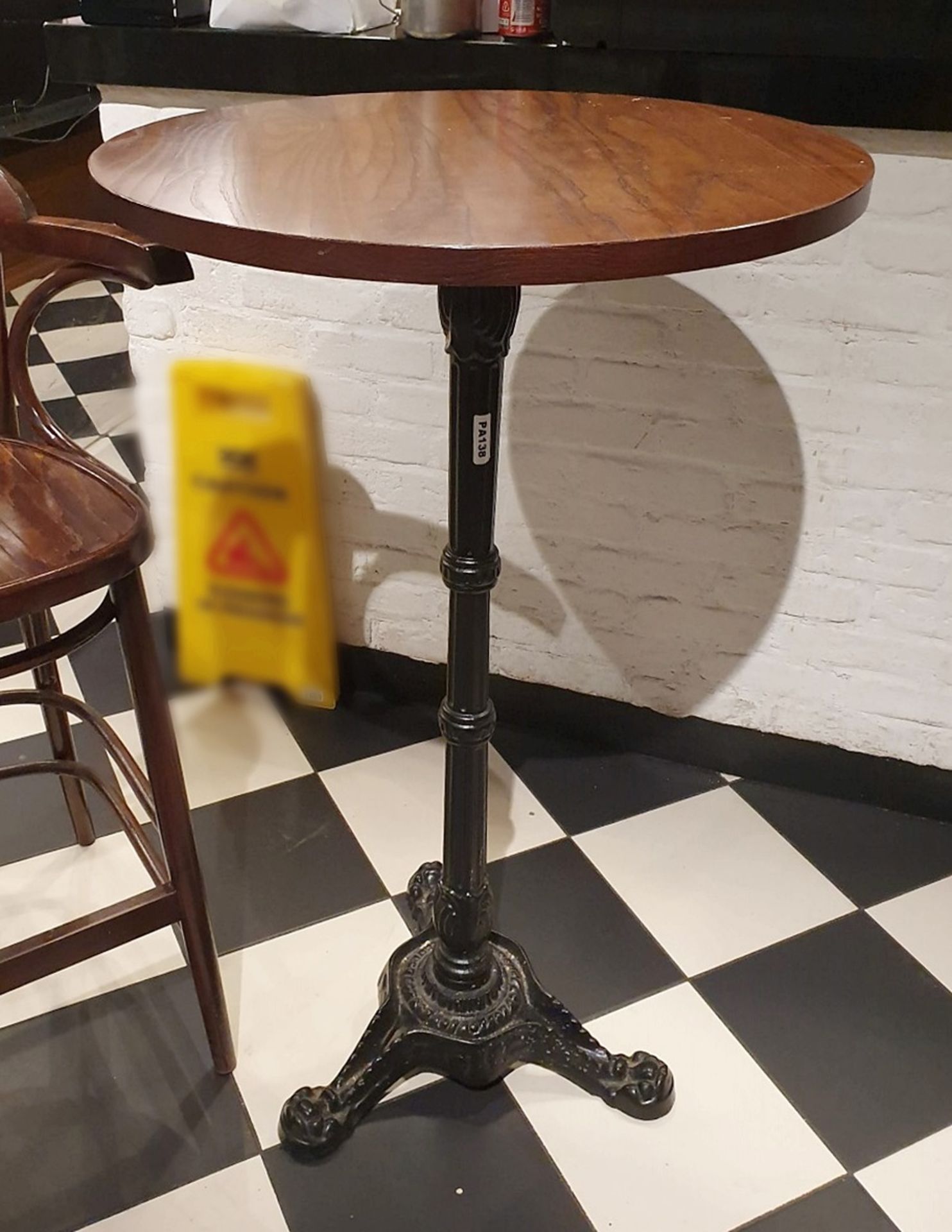 5 x Poser Bar Tables With Ornate Cast Iron Bases and Round Wooden Tabletops - H109 x W65 cms - Ref - Image 2 of 8