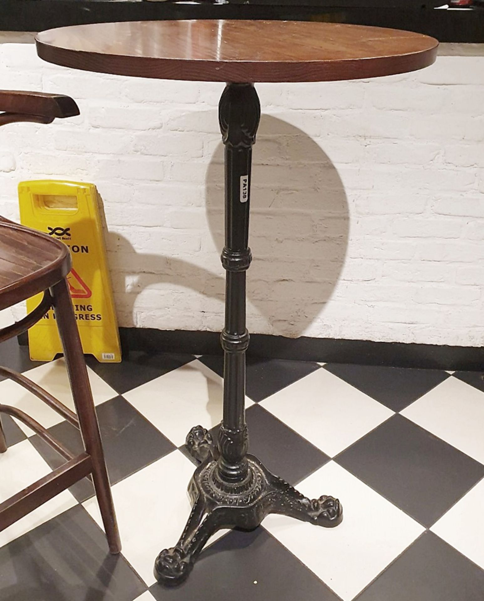 5 x Poser Bar Tables With Ornate Cast Iron Bases and Round Wooden Tabletops - H109 x W65 cms - Ref