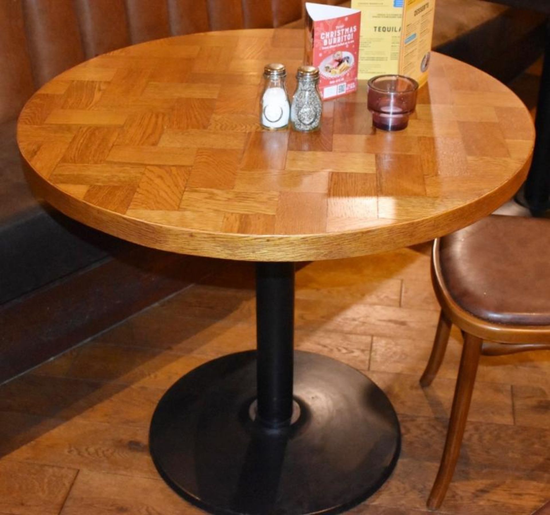 3 x Parquet Design Round Restaurant Dining Tables With Cast Iron Bases - Small Size - CL461 - Locati