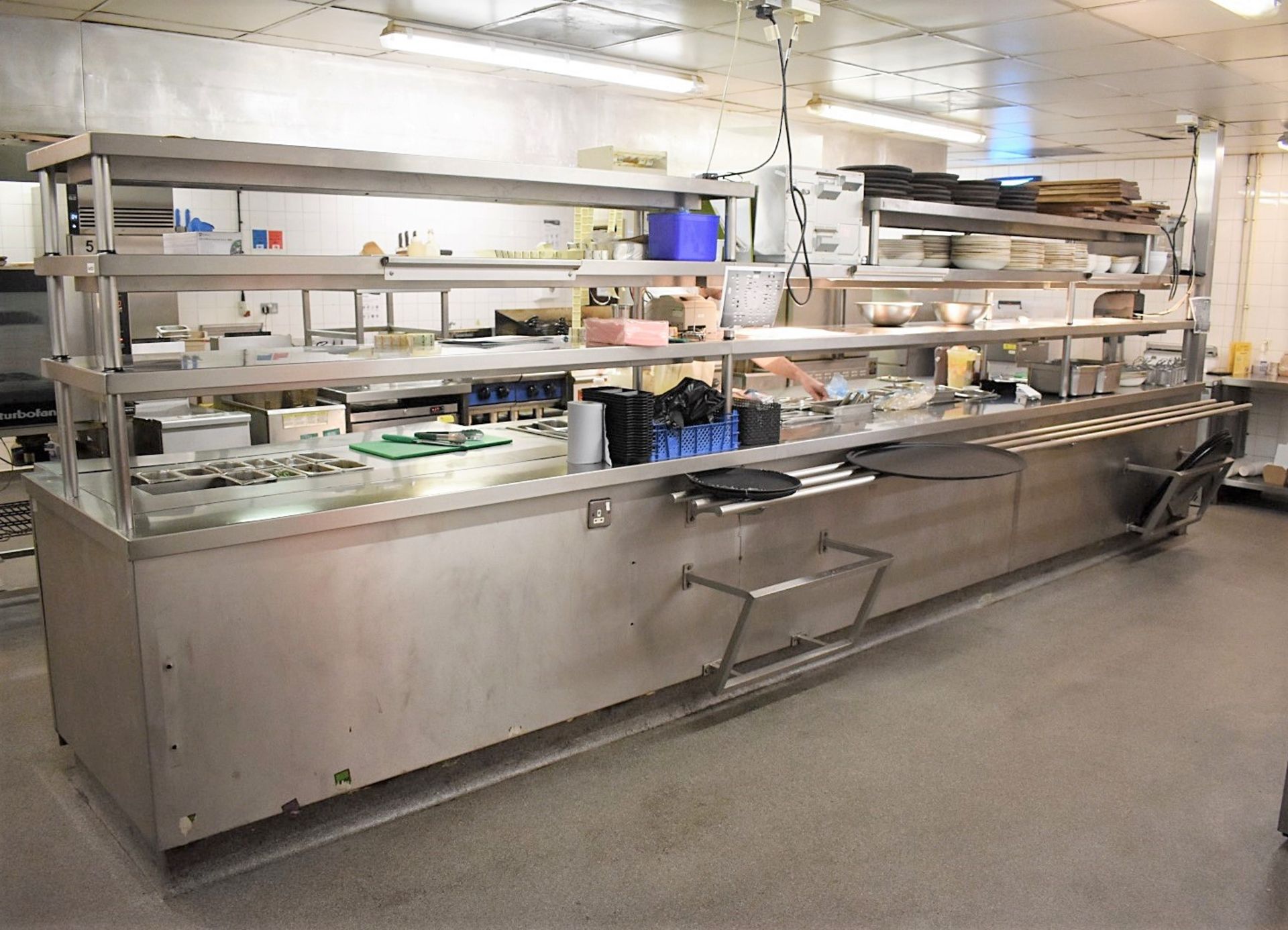 1 x Large Commercial Kitchen Passthrough Heated Gantry Island With Integrated Fosters Undercounter
