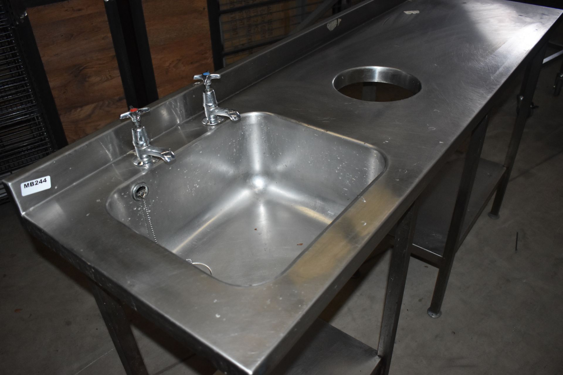 1 x Stainless Steel Wash Basin Prep Table With Undershelves, Upstand, Basin and Taps and Waste Chute - Image 4 of 5