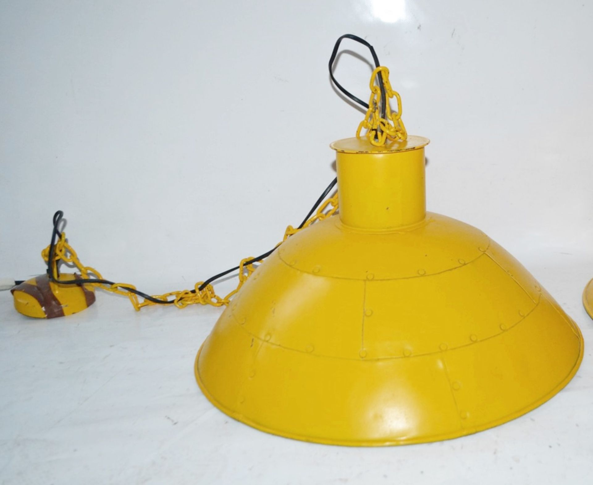A Pair Of MAISONS DU MONDE Industrial-style Pendant Lights In Bright Yellow - Image 6 of 7