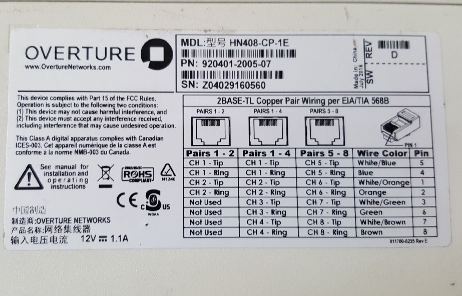 1 x Overture Networks HN408-CP-1E High Speed Enterprise Ethernet Modem - Ref BY110 - Image 4 of 4