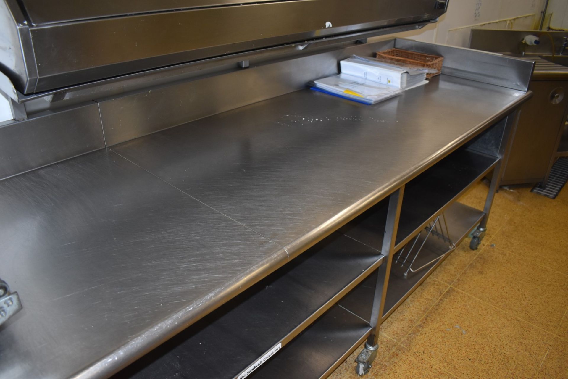 1 x Large Stainless Steel Prep Bench on Castors - Over 11ft in Length - Features Upstands and - Image 2 of 7