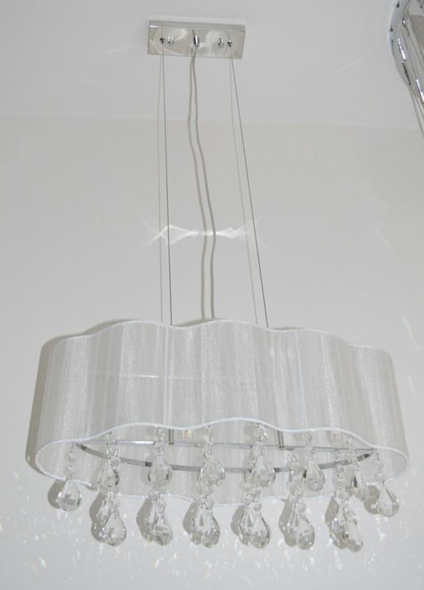 1 x Large Pleated 4-Light Ceiling Light - Features Clear Crystal Glass Drops And A Cream Voile Shade