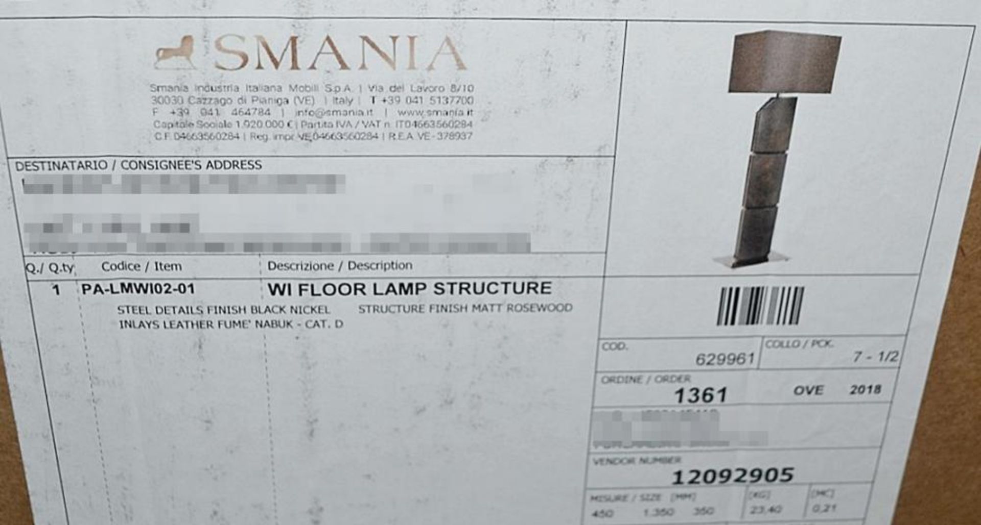 1 x SMANIA 'Wi' Italian Luxury Floor Lamp In Leather With Rectangular Shade - Ref: 6078343 P2/19 - C - Image 7 of 11