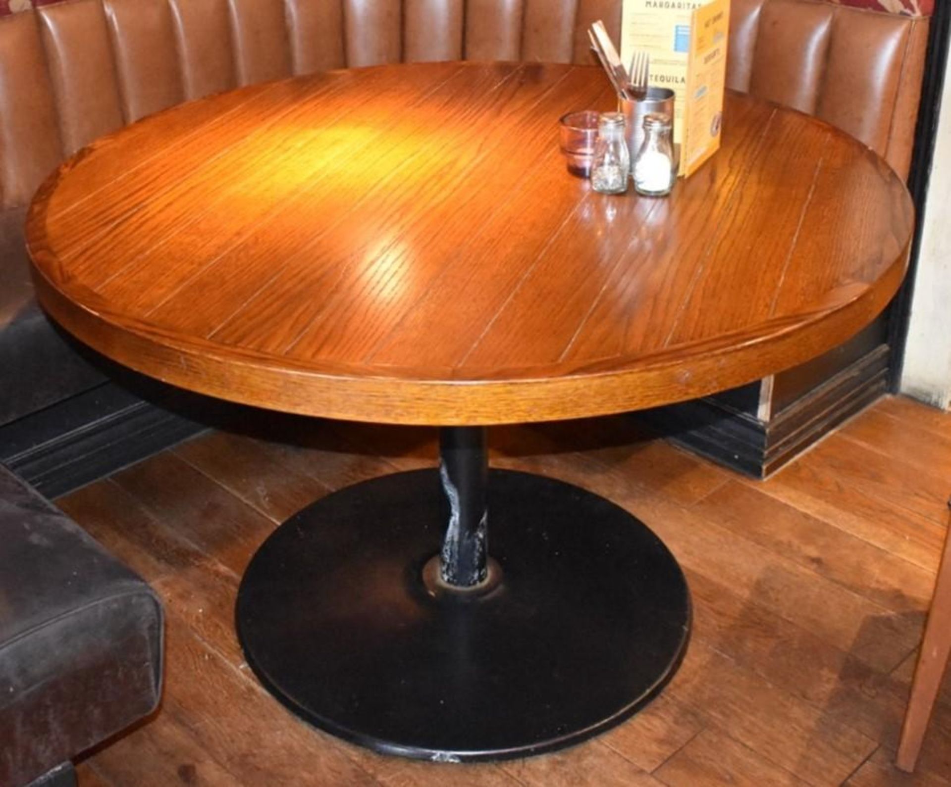 1 x Large Restaurant Dining Table With Brown Panelled Effect Top and Cast Iron Bases - H76 x W120 cm