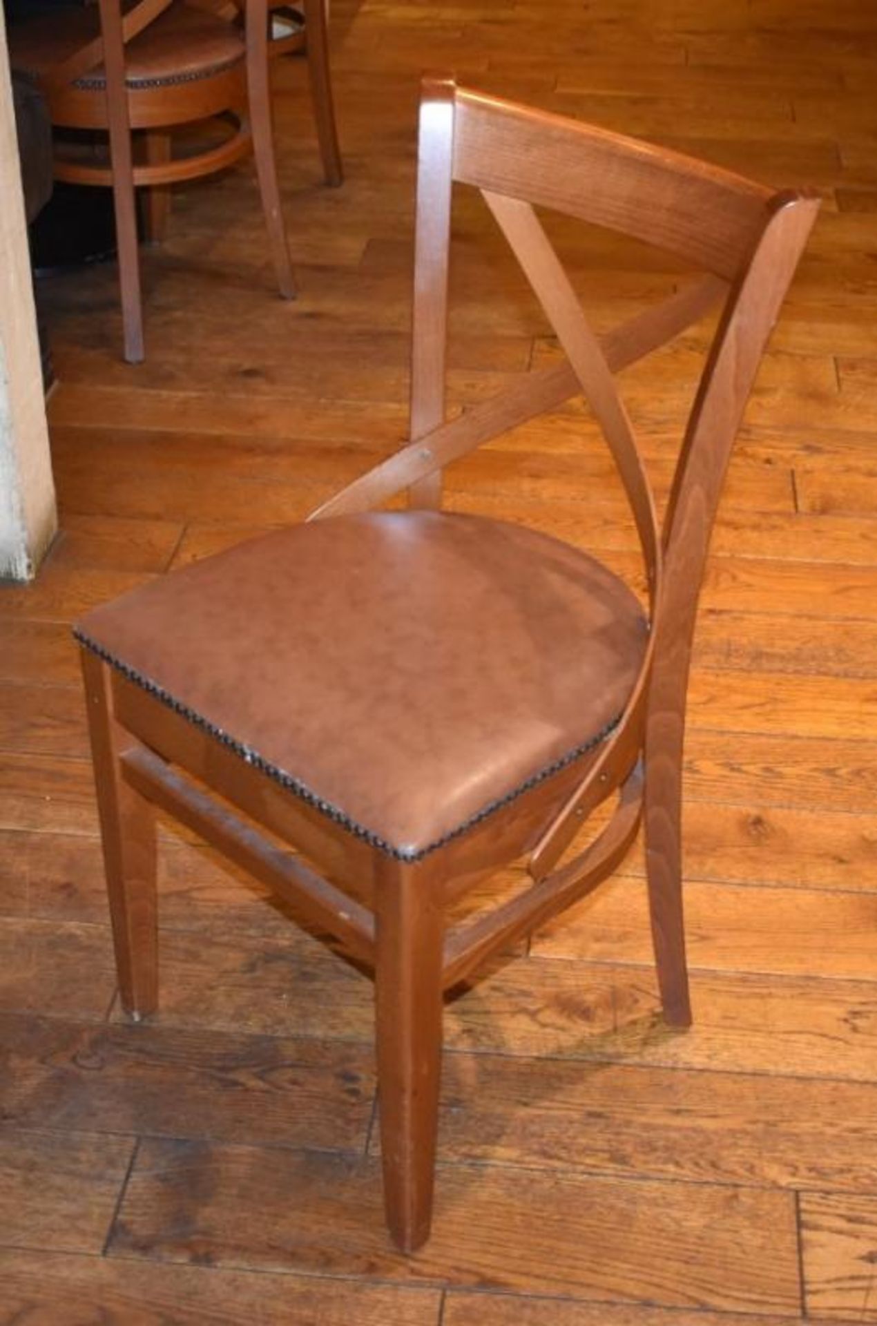 15 x Restaurant Dining Chairs With Wooden Crossbacks and Faux Leather Brown Seat Pads H84 x W45 cms