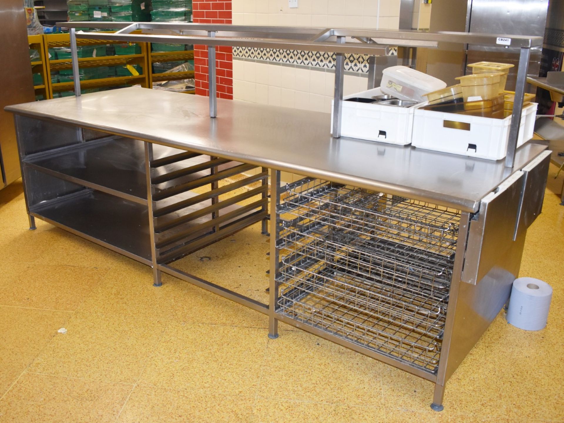 1 x Stainless Steel Commercial Kitchen Island - 10 x 4ft - Features Overhead Gastro Pan Holders,