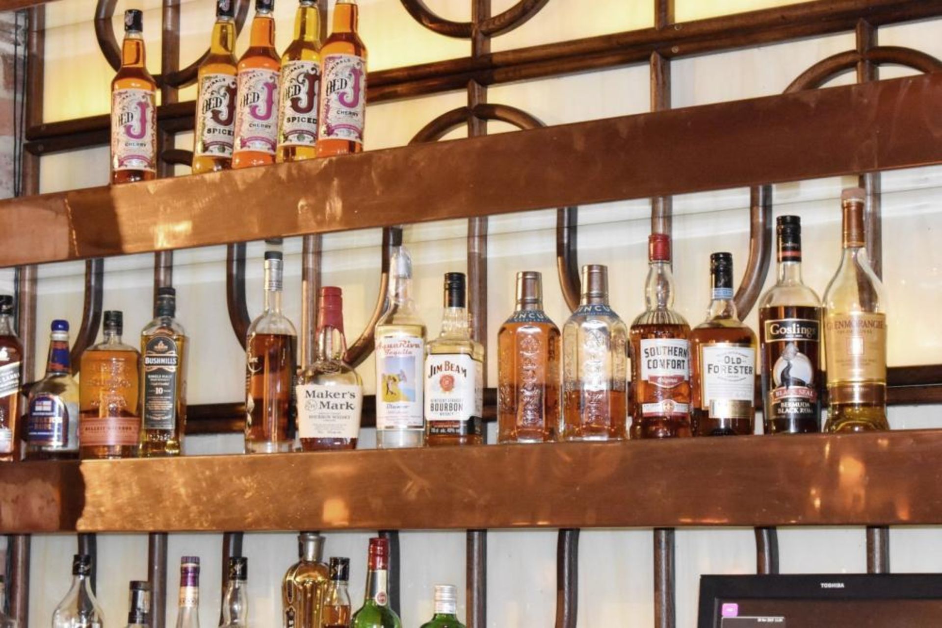 2 x Backbar Shelving Units With Copper Coloured Shelves and Leaded Effect Backs - Approx