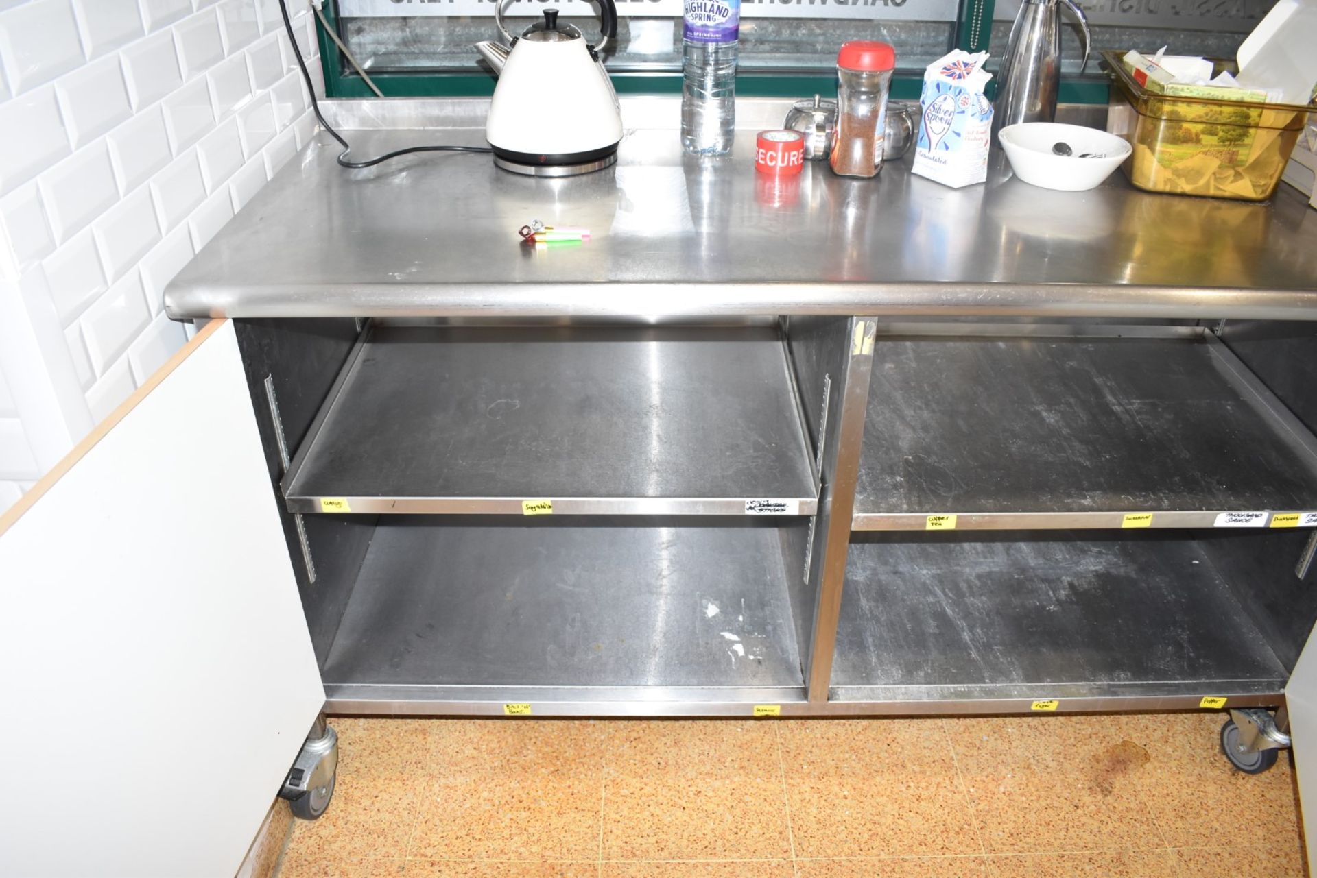 1 x Stainless Steel Preparation Bench With Upstand, Undercounter Storage With Beech Doors, Castor - Image 4 of 5