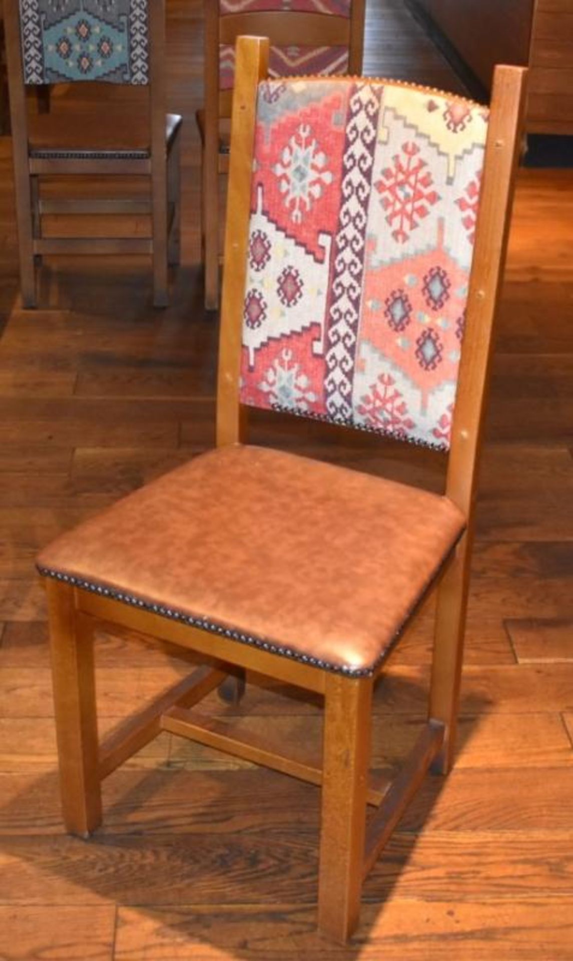 14 x Restaurant High Back Dining Chairs With Faux Leather Brown Seat Pads and Fabric Backs - H100 x