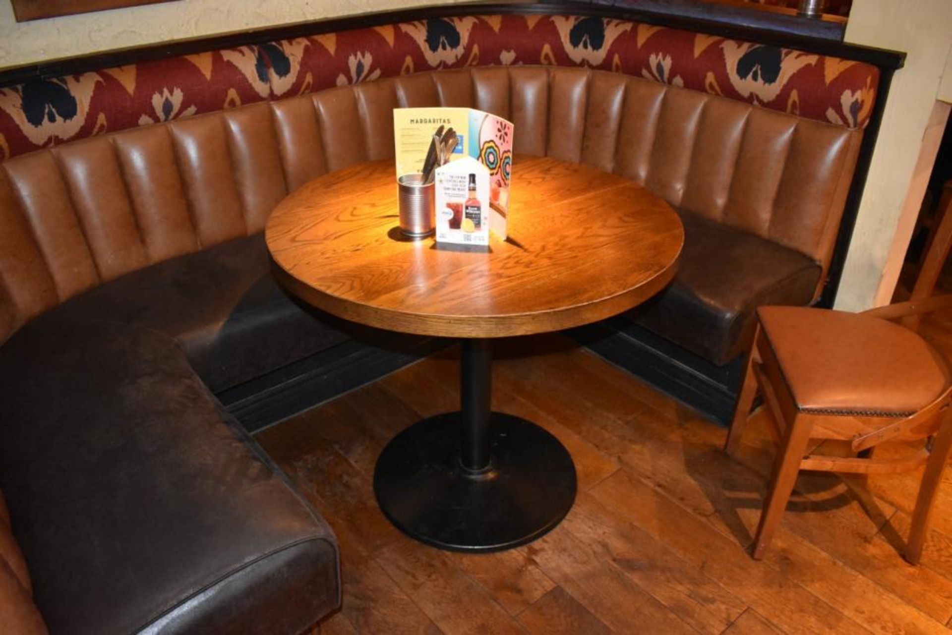 3 x Round Restaurant Dining Tables With Brown Panelled Effect Top and Cast Iron Bases - H76 x W100 c - Image 2 of 3