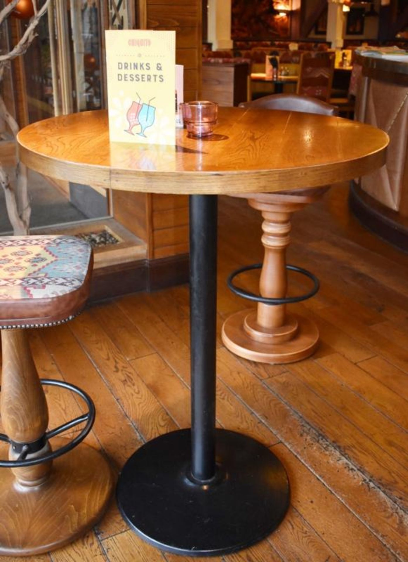 2 x Poser Bar Tables With Black Cast Iron Base and Circular Brown Wooden Tops - H112 x W88 cms - CL