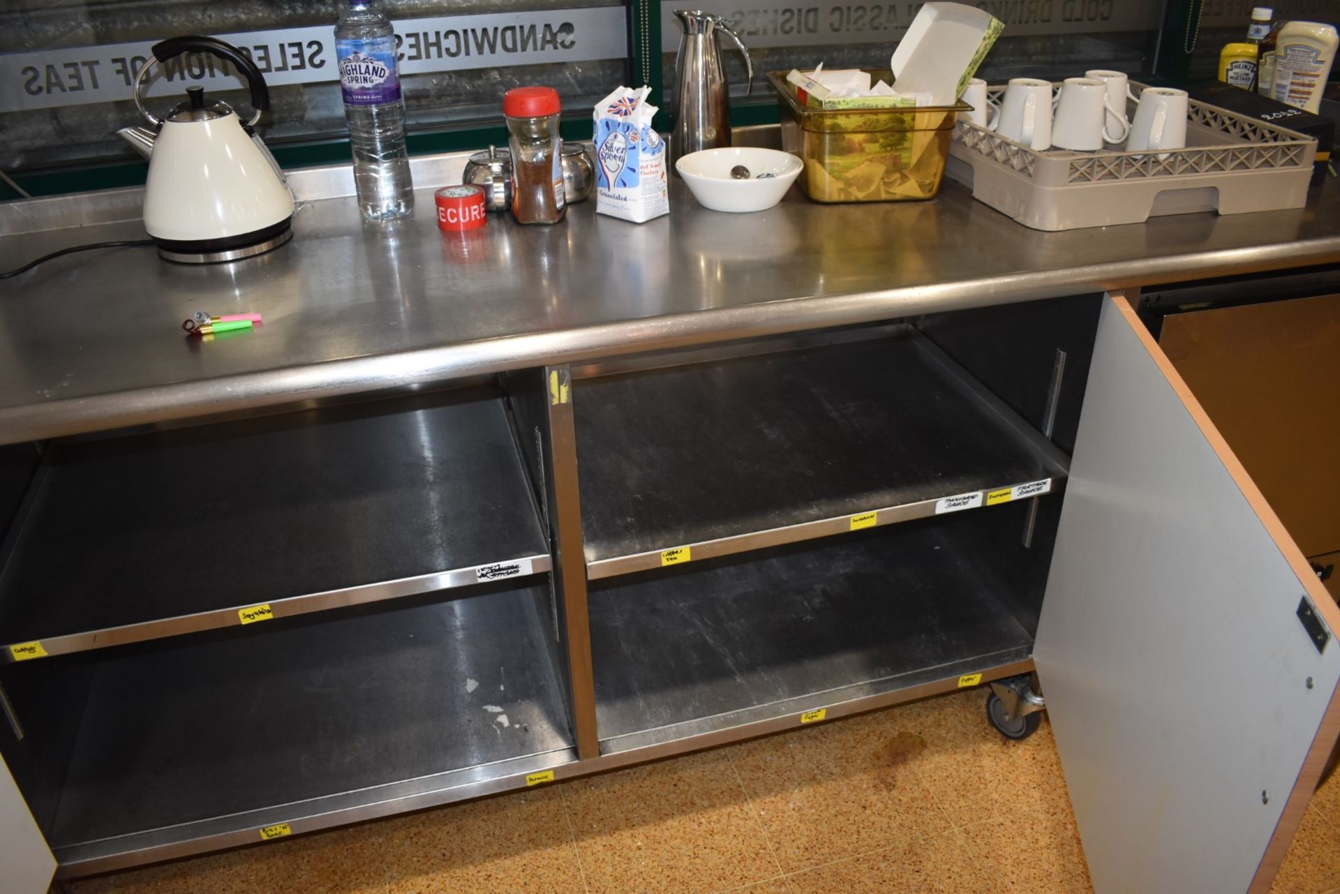 1 x Stainless Steel Preparation Bench With Upstand, Undercounter Storage With Beech Doors, Castor - Image 5 of 5