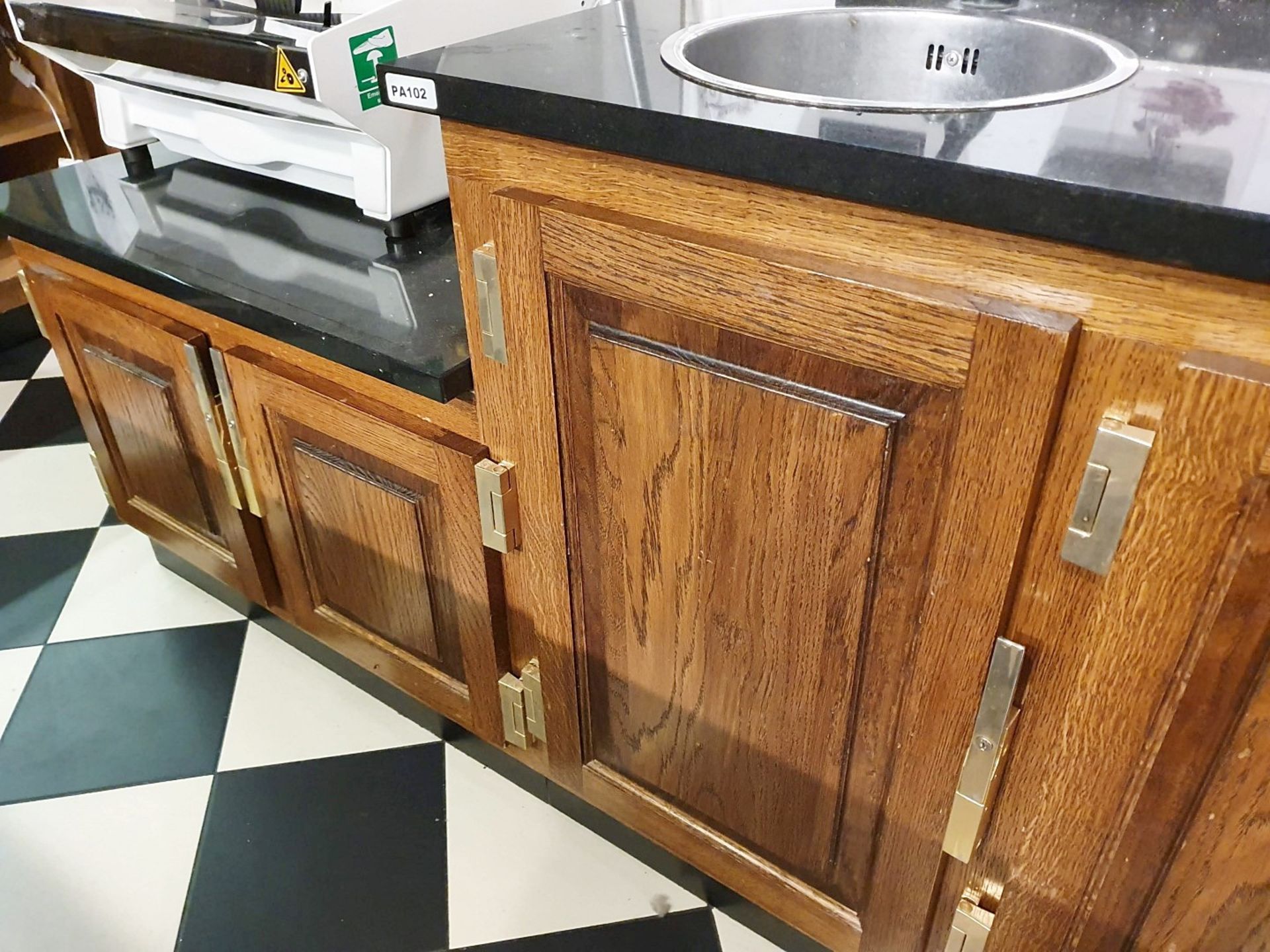 1 x Preparation Counter Unit With Oak Doors and Brass Hardware, Black Granite Work Surfaces and Hand - Image 2 of 9