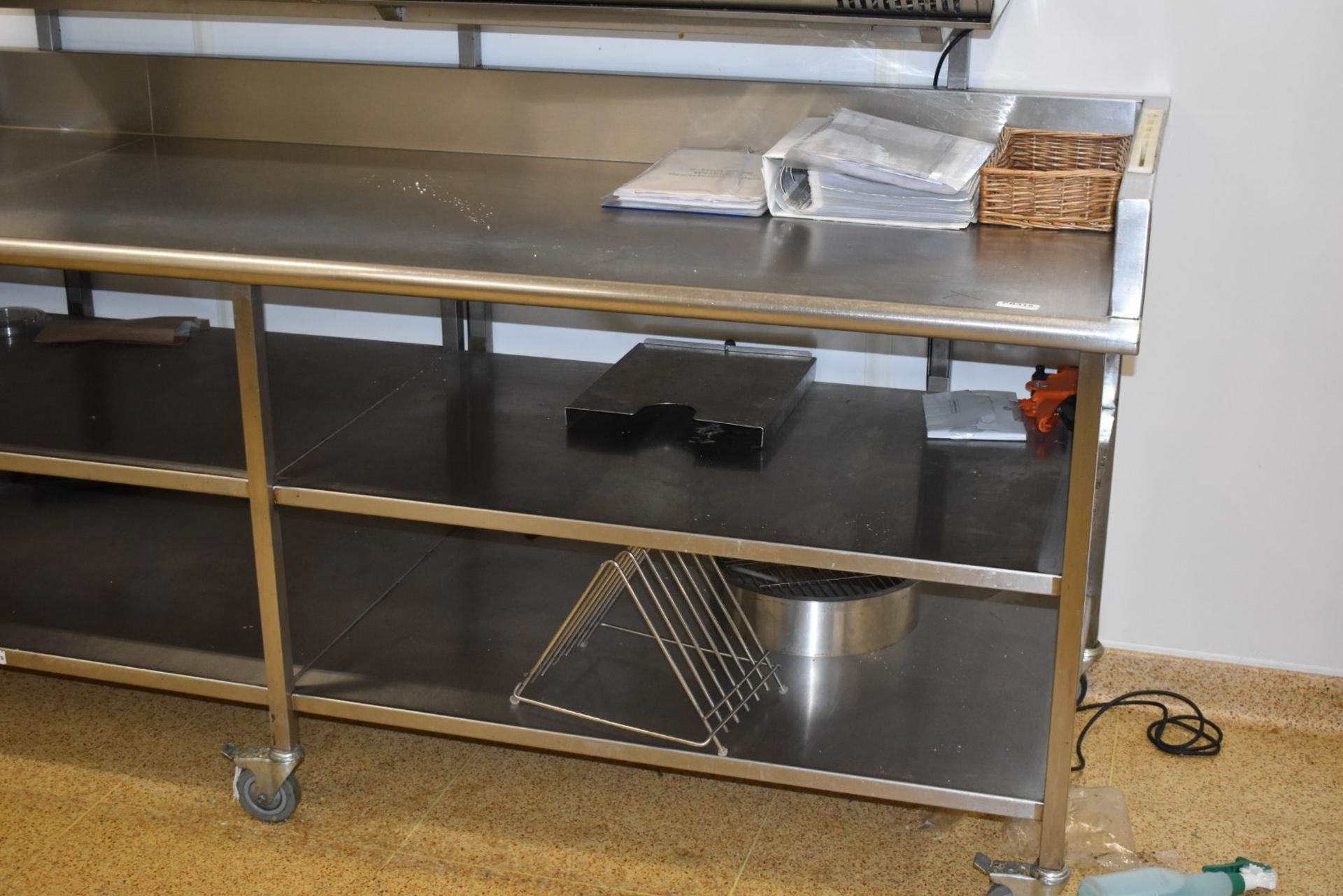 1 x Large Stainless Steel Prep Bench on Castors - Over 11ft in Length - Features Upstands and - Image 5 of 7