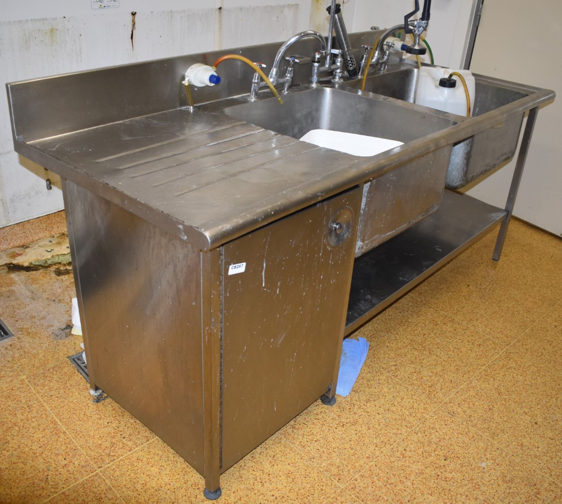 1 x Stainless Steel Twin Sink Basin With Two Large Sink Basins, Drainer, Cupboard, Undershelf,