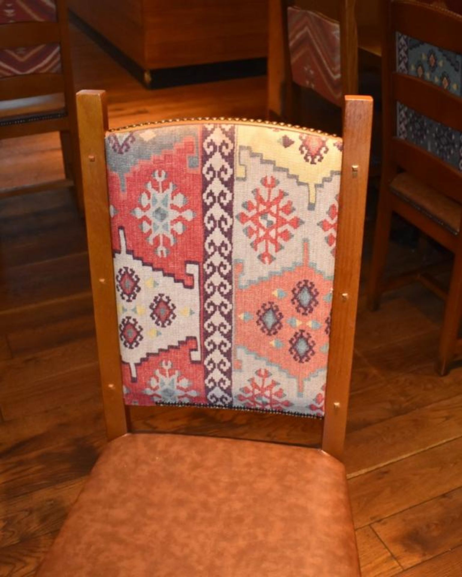 14 x Restaurant High Back Dining Chairs With Faux Leather Brown Seat Pads and Fabric Backs - H100 x - Image 5 of 6