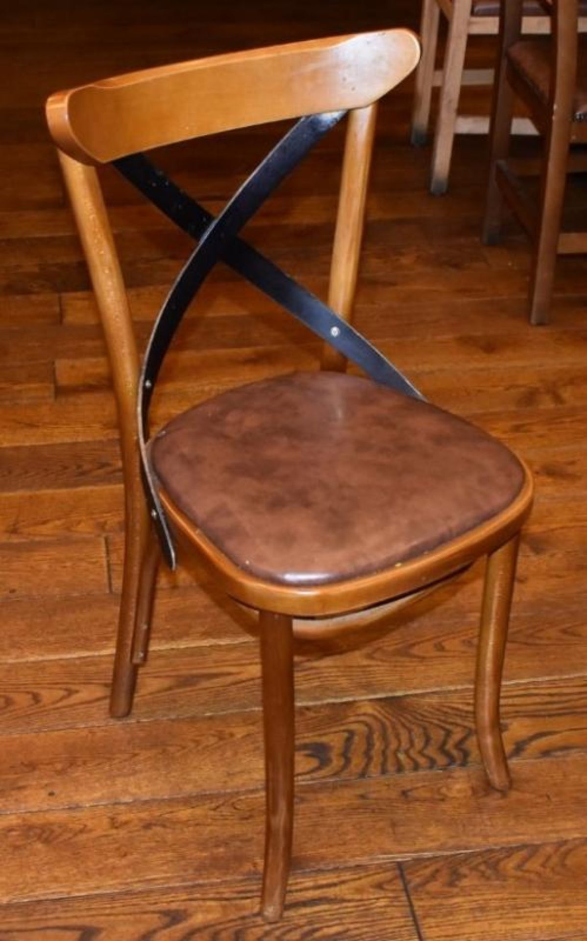 5 x Restaurant Dining Chairs With Metal Crossbacks and Faux Leather Brown Seat Pads H84 x W45 cms -