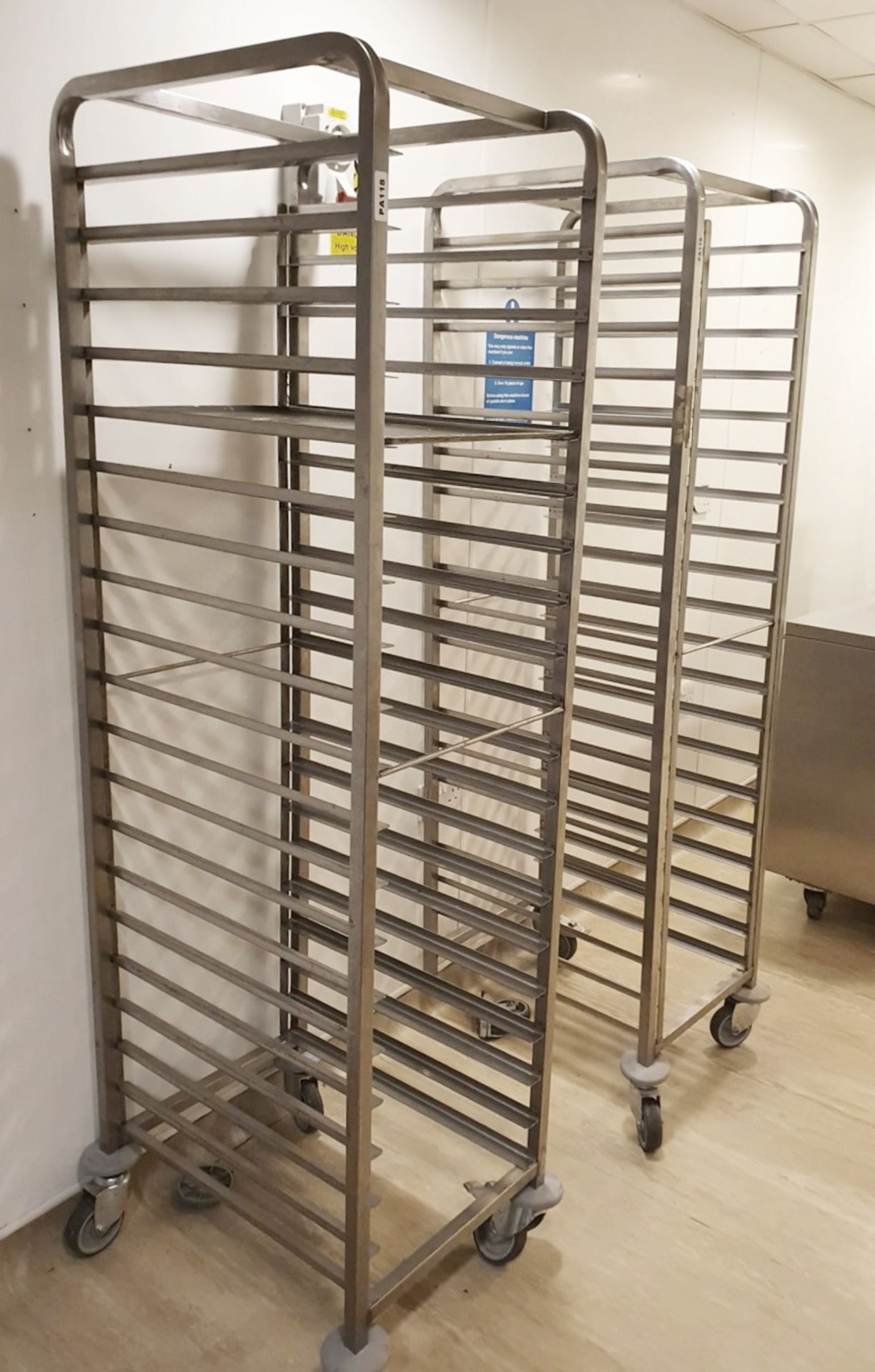 2 x Stainless Steel Rack Trolleys With 20 Tray Capacity Each - H184 x W46 x D61 cms - Ref PA118/