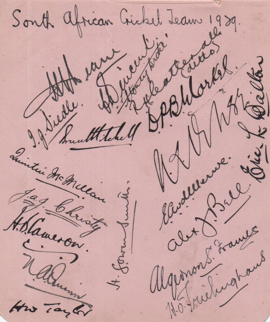 SOUTH AFRICA CRICKET: A good set of eighteen bold black fountain pen ink signatures by the South