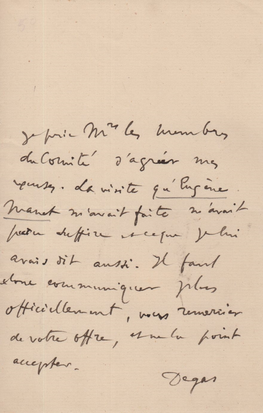 DEGAS EDGAR: (1834-1917) French Painter. A.L.S., Degas, one page, 8vo, n.p., n.d.