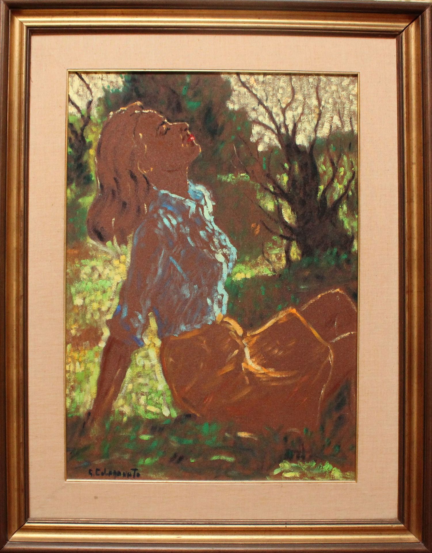 N. 86 (V.F. 943) DONNA NEL PARCO, OLIO SU FAESITE, FIRMATO CALARANATO, CM. 50X70 (BENI IN VIA