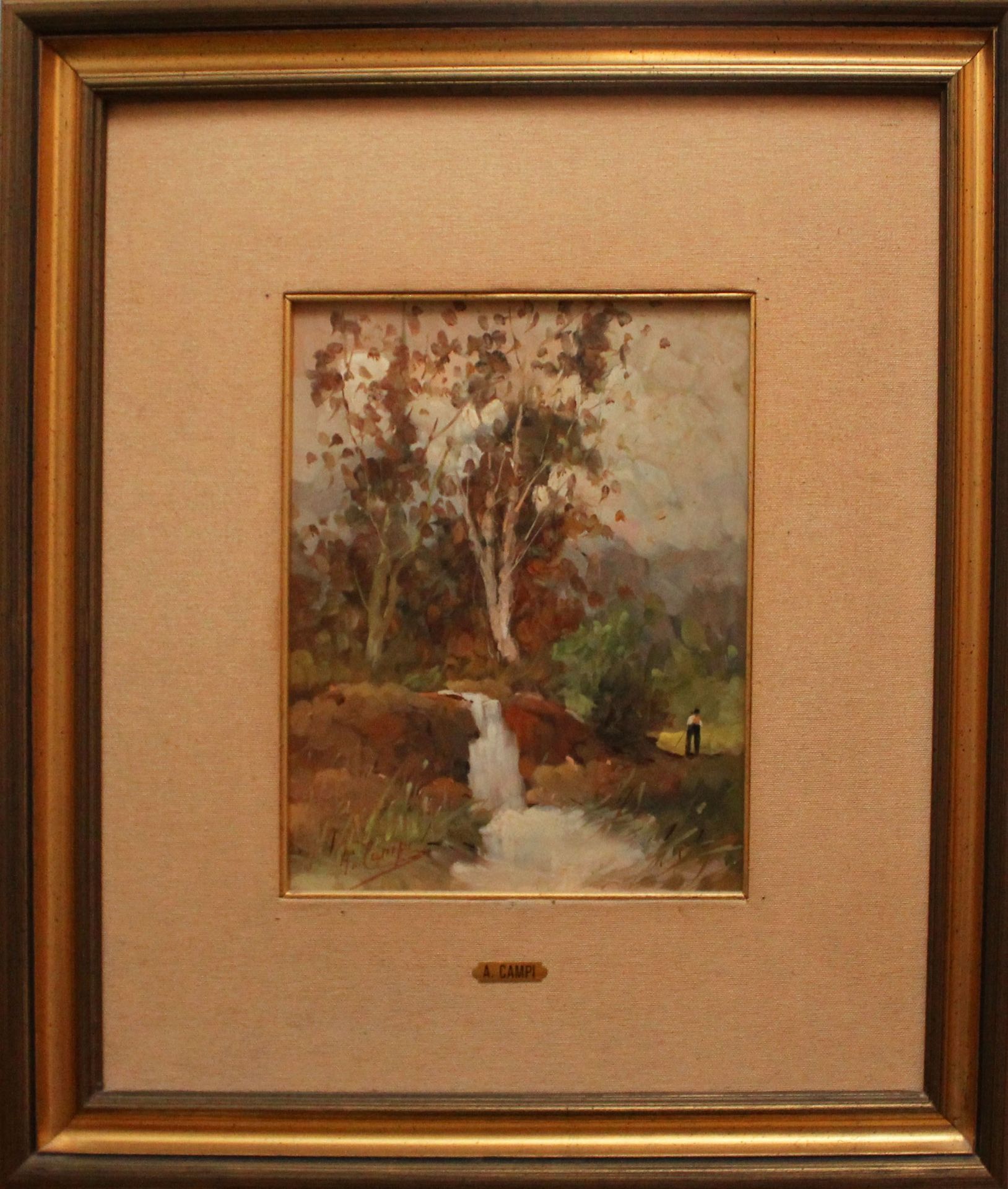 N. 98 (V.F. 943) CASCATA NEL CAMPO, OLIO SU FAESITE, FIRMATA CAMPI, CM. 25X30 E CARTINA