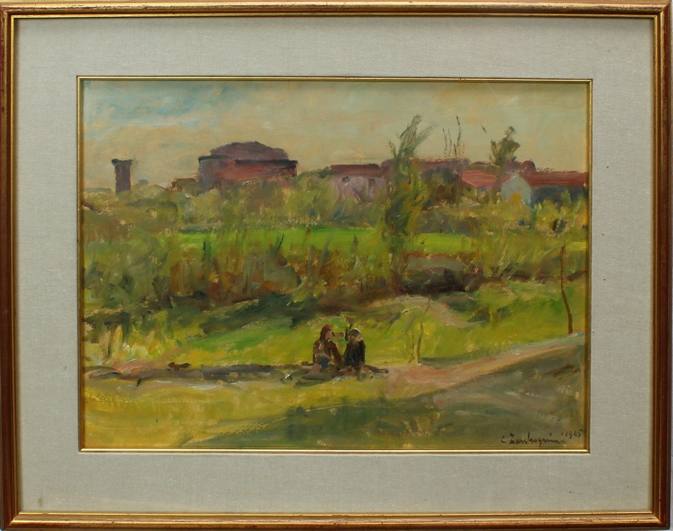 Paesaggio con due figure, Zanfrognini, olio, cm. 43x32