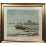 Scorcio del lago e barche, Maccabruni, olio, cm. 60x50