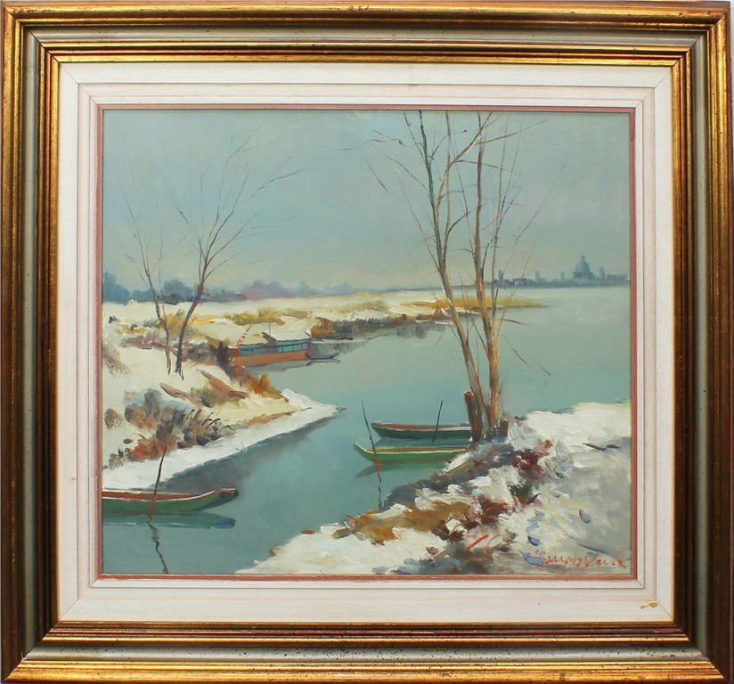 Nevicata sul lago, Maccabruni, olio, cm. 60x50