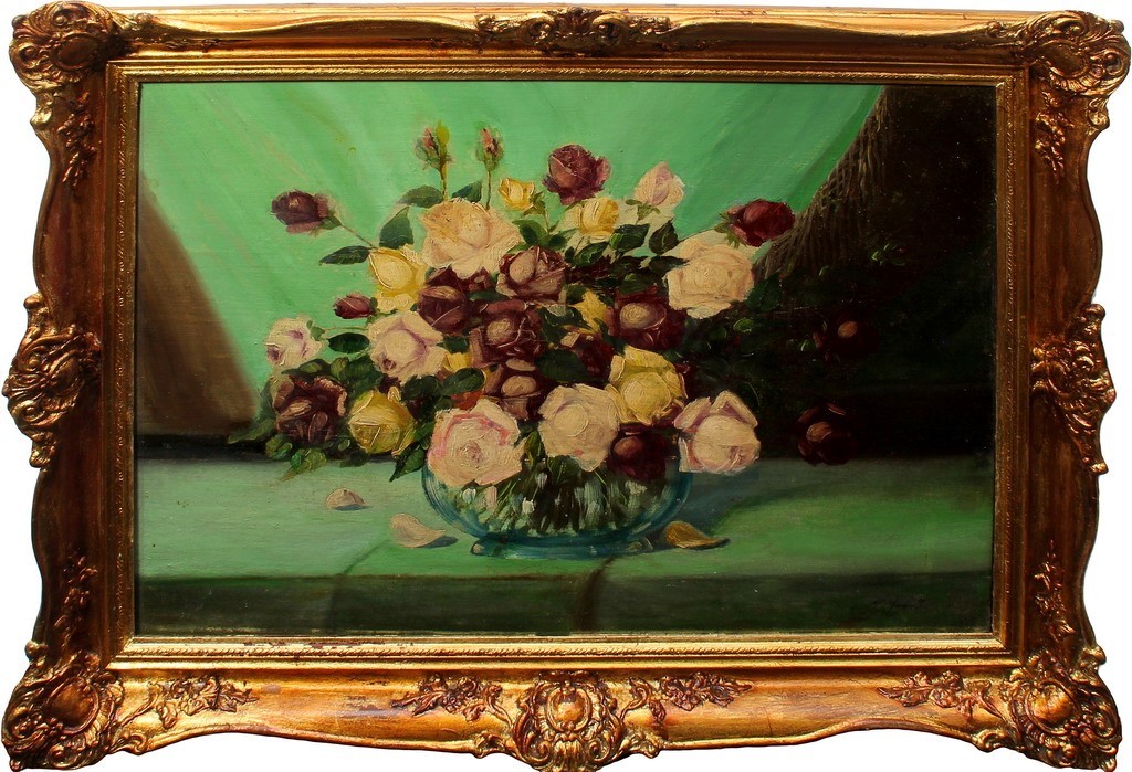 Rose in vaso, olio su tela primi '900, cm. 78x60, cornice coeva